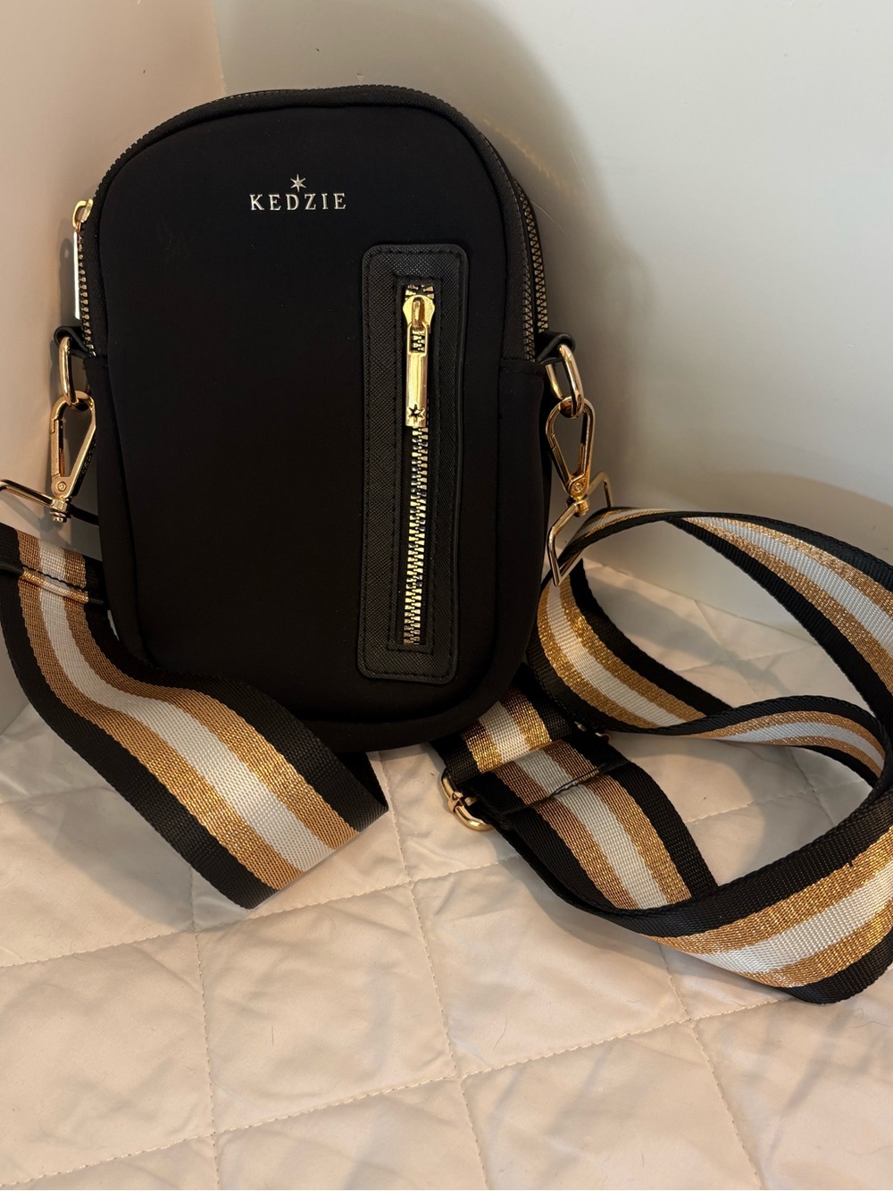 Kedzie Sloan Convertible Sling in Black Neoprene with striped adjustable strap